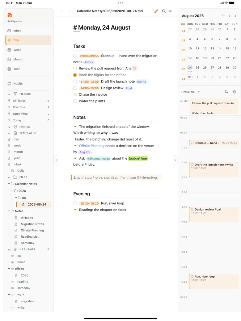 iPad showing the sidebar, a day note with tasks and time blocks, the month calendar and the day's timeline.