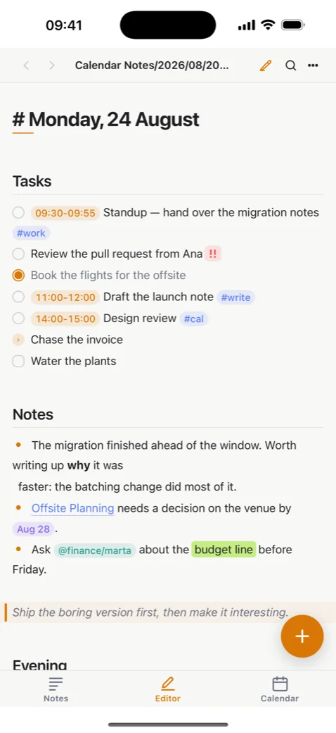 iPhone showing the same day note with tasks, time blocks and tags.