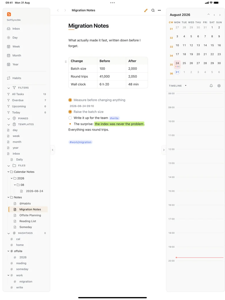 iPad showing a note with an editable Markdown table, completed tasks and a highlighted phrase.